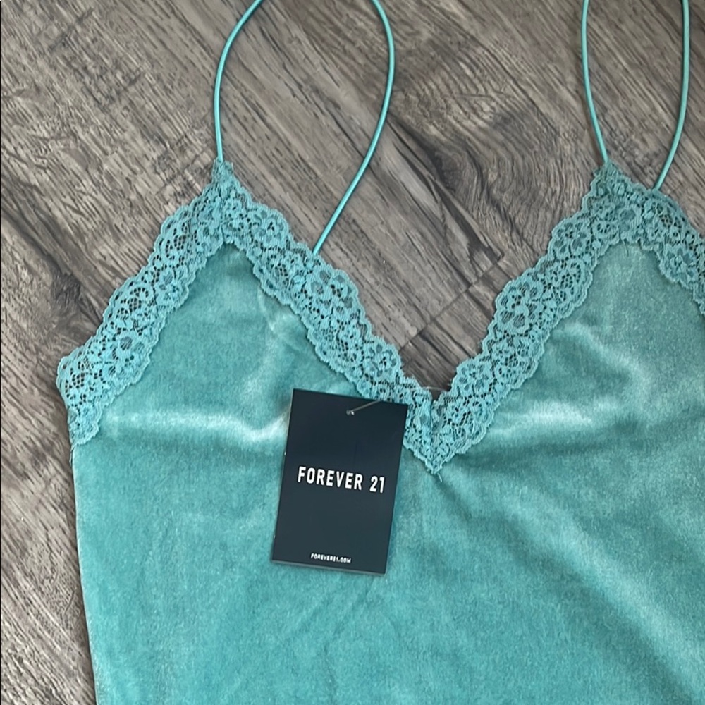 Mint Green Tiffany Blue Lace Trim Bodysuit Forever 21 Velour Petite